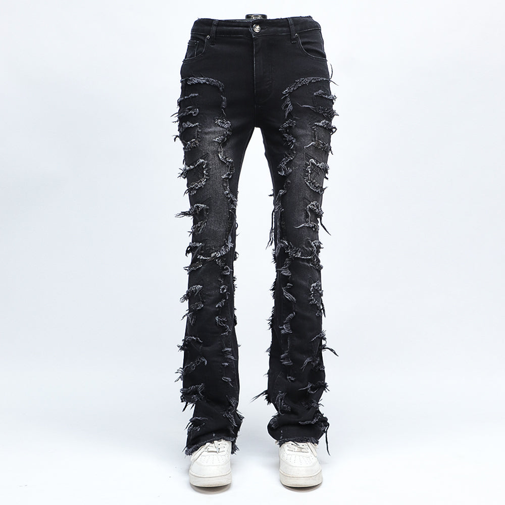 SAZI SZ-01 Frayed Stacked Flare jean in washed black, front view