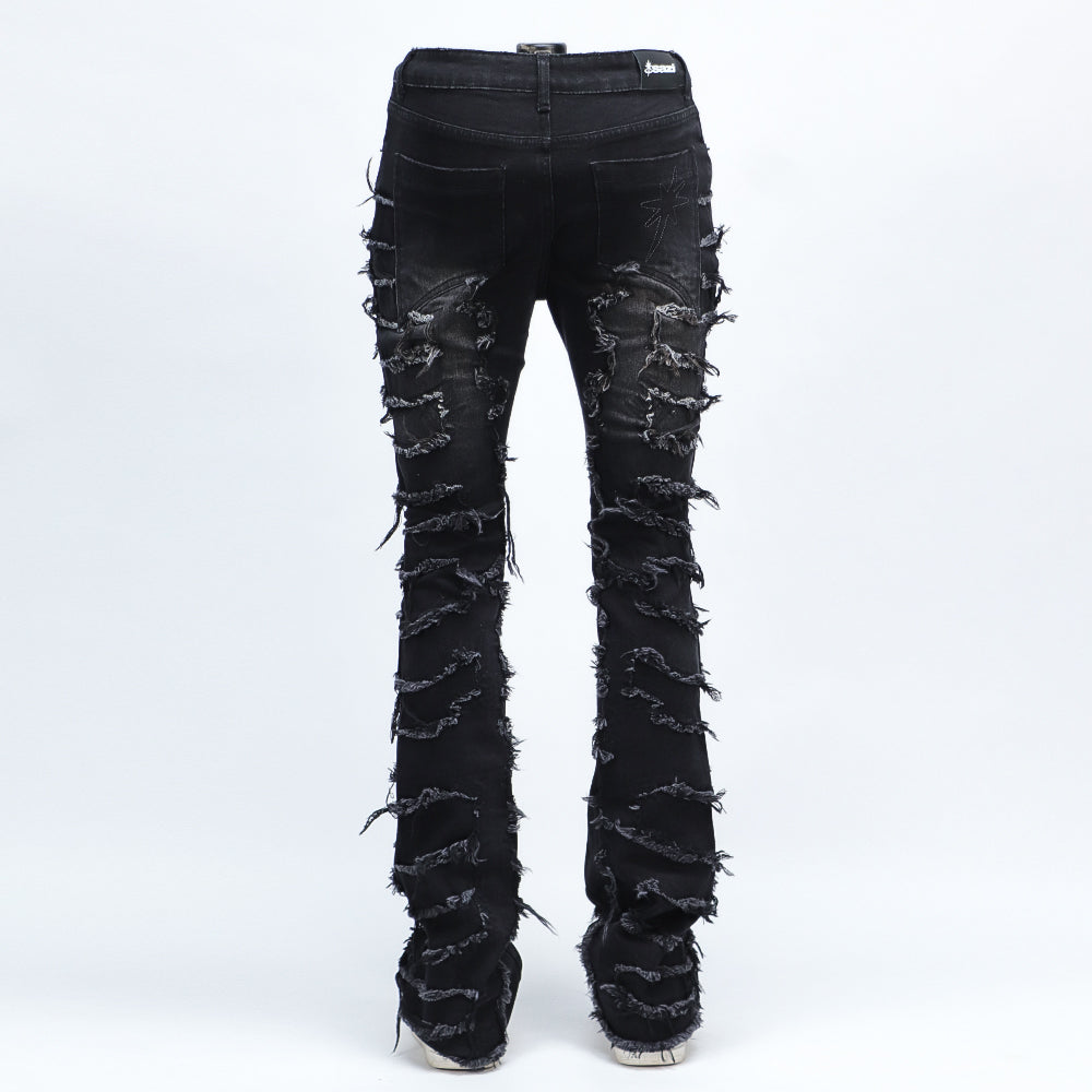 SAZI SZ-01 jean back view showing frayed panels and star pocket