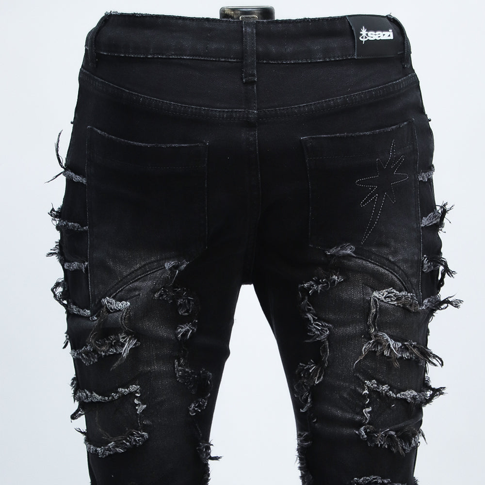 SAZI SZ-01 jean back pocket with tonal star embroidery and black leather patch