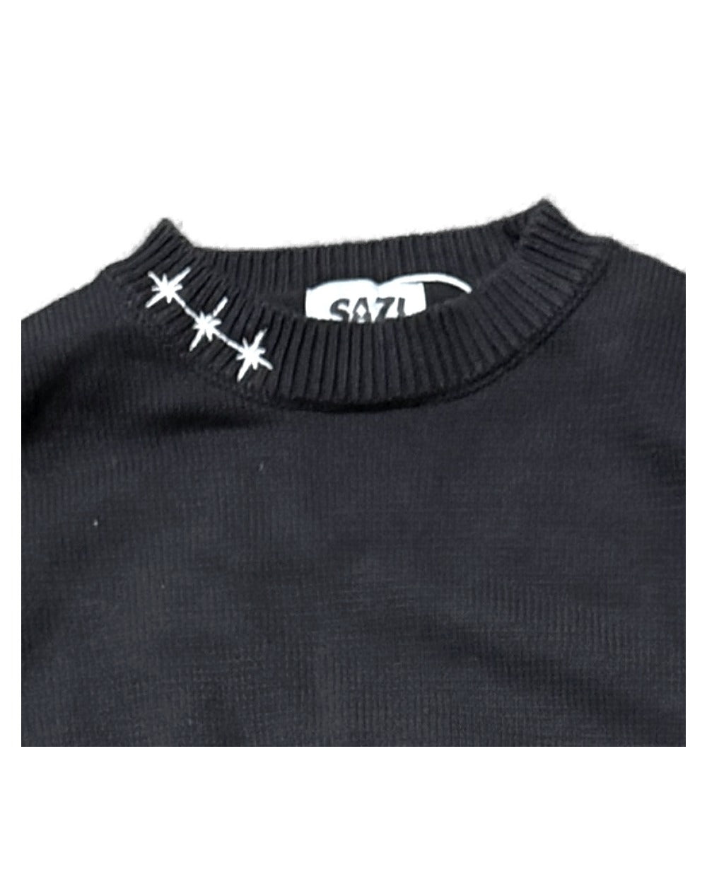 SAZI SZ-03 Star Crewneck Knit — close-up of the three embroidered stars at the collar