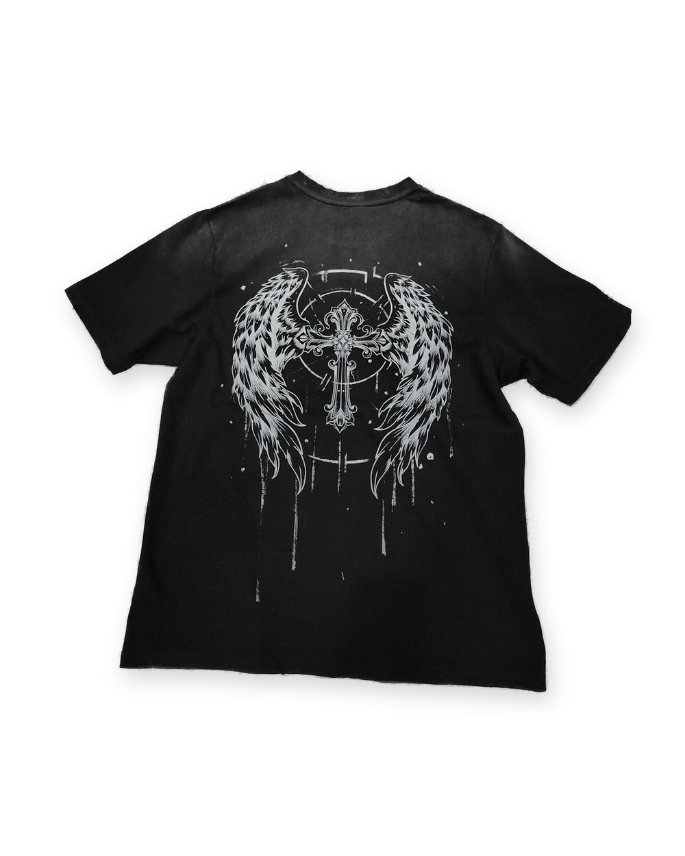 SAZI SZ-02 Forever Tee, washed black, back — wings and cross print